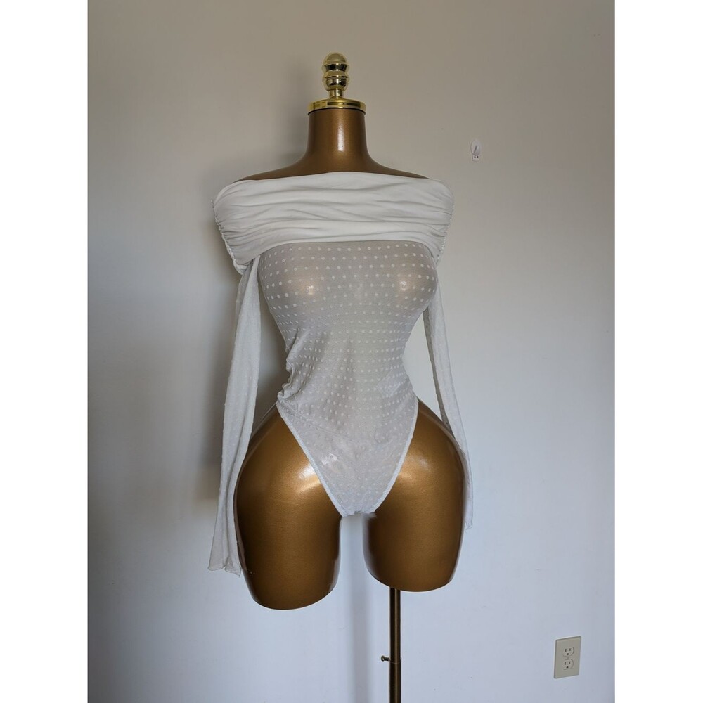 Forever 21 White Clip Dot Foldover Bodysuit Off The Shoulder Mesh Thong Size M